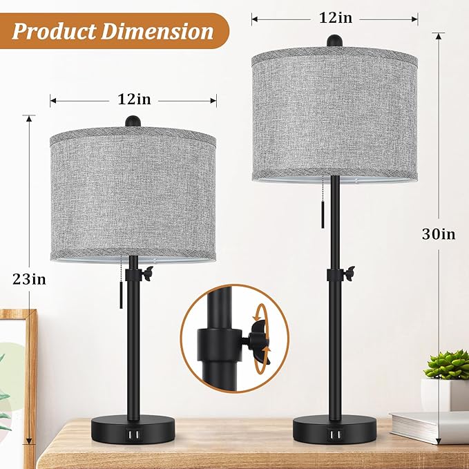 Kondras Table Lamps for Bedroom Set of 2, 23''-30'' Adjustable Height Bedside Lamps with 2 USB Ports, Black Nightstand Lamps with Grey Linen Shade, Modern Stylish Living Room Lamp Set with Pull Chain