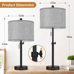 Kondras Table Lamps for Bedroom Set of 2, 23''-30'' Adjustable Height Bedside Lamps with 2 USB Ports, Black Nightstand Lamps with Grey Linen Shade, Modern Stylish Living Room Lamp Set with Pull Chain