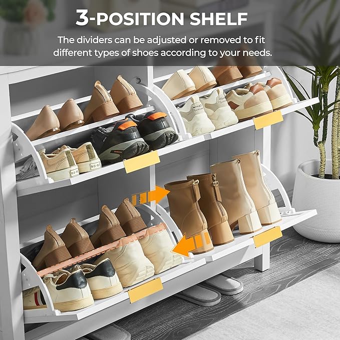 4 Flip Drawers Shoe Cabinet Storage for Entryway, Narrow Hidden Wood Shoes Organizer Cabinet Front Door Entrance Thin Free Standing Front Door Shoe Rack Storage for Entryway(White)