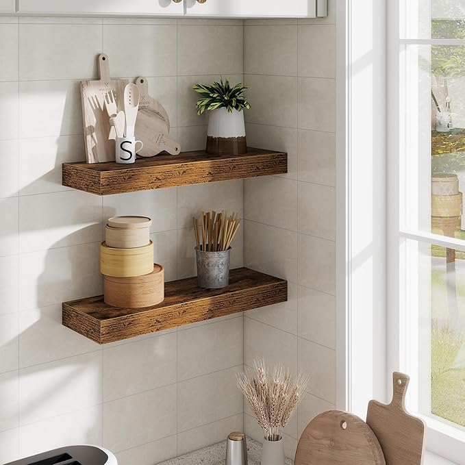 Fun Memories Floating Shelves Bathroom for Wall Mounted Shelves, 20 Inch Wood Shelf Set of 2, Home Storage & Display Decor, Rustic Brown