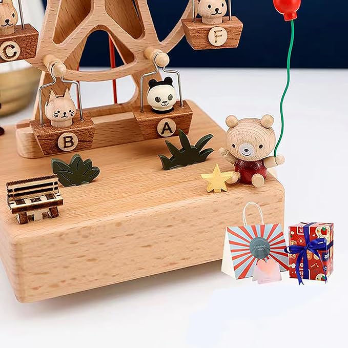 Natural Solid Wood Handcrafted Beech Wooden, Musical FigureTotoro/Carousel/Fairy/Ballerina Figurine,Rotating Hand Crank Mechanism Music Box,Musical Decorations (Skywheel)