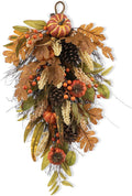 Glitzhome Decorative Teardrop Swag for Front Door, Artificial Wall Swags with Leaf & Pumpkins & Pine Cones & Berries for Home Porch Wall Window Halloween Thanksgiving Indoor Outdoor Decor