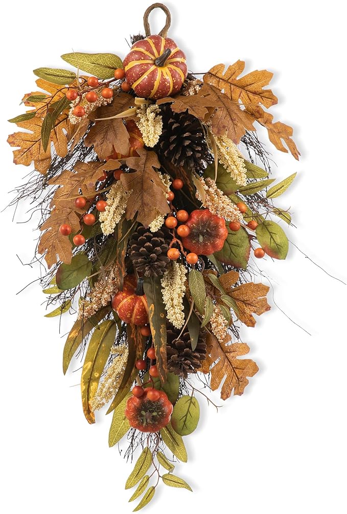 Glitzhome Decorative Teardrop Swag for Front Door, Artificial Wall Swags with Leaf & Pumpkins & Pine Cones & Berries for Home Porch Wall Window Halloween Thanksgiving Indoor Outdoor Decor