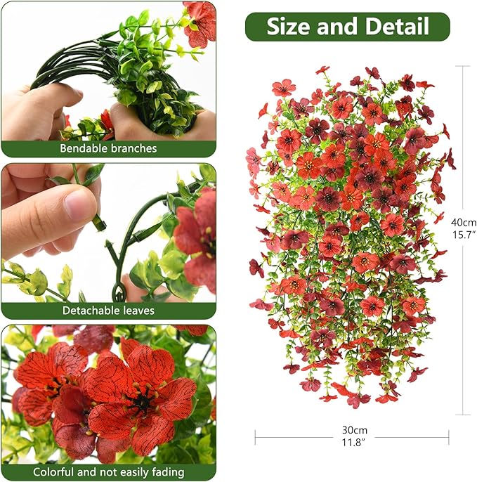 Homsunny Artificial Fake Flowers Plants for Outdoor Decoration, 2 PCS Faux Mums Flowers for Outside UV Resistant Realistic for Porch Patio Garden Yard Balcony Home Decor(Red Brown)