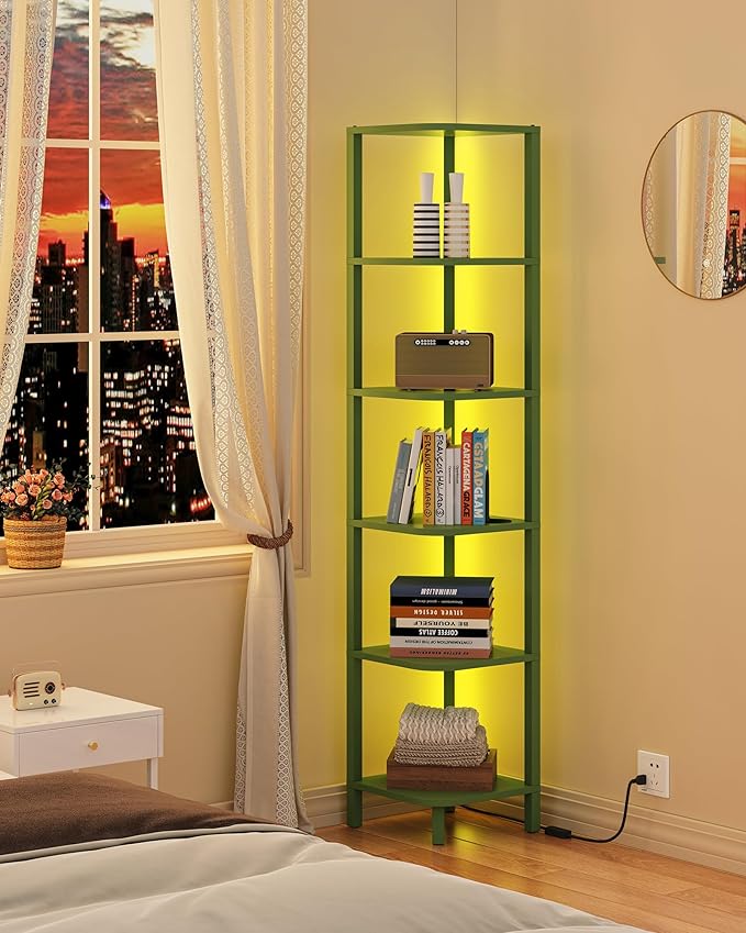 TUTOTAK Corner Shelf with LED Light, 6-Tier Corner Bookshelf for Small Space, Narrow Display Corner Shelf Stand with Storage Rack, for Living Room, Bedroom, Olive Green BS08BOG006L