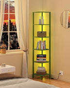 TUTOTAK Corner Shelf with LED Light, 6-Tier Corner Bookshelf for Small Space, Narrow Display Corner Shelf Stand with Storage Rack, for Living Room, Bedroom, Olive Green BS08BOG006L
