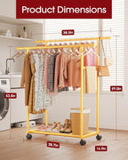 Metal Clothes Rack - Double Rod Clothing Rack with Fixed Design and Rolling Wheels, Coat Rack with Built-In Shelf for Closet Organizers and Storage (38.5" x 16.9" x 59.0", Gold)