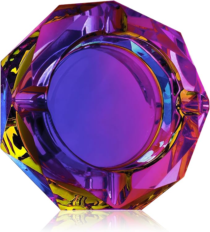 Coomin 5.9in Large Crystal Glass Ash Tray, Sparkly Cigarettes Cigar Ashtray, Ashtrays for Smokers Indoor Office Home Desktop Tabletop, Gifts for Women, Purple