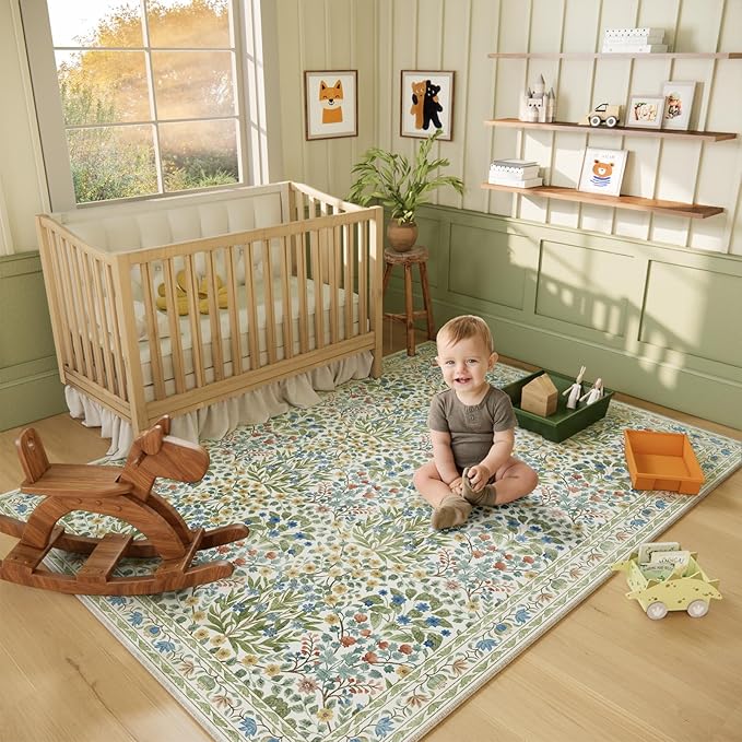 Light Green 5x7 Area Rug - Vintage Floral Washable Bedroom Rug for Living Room, Nursery, Dining Room - Low Pile, Non-Slip, Stain Resistant, Retro Indoor Floor Rug