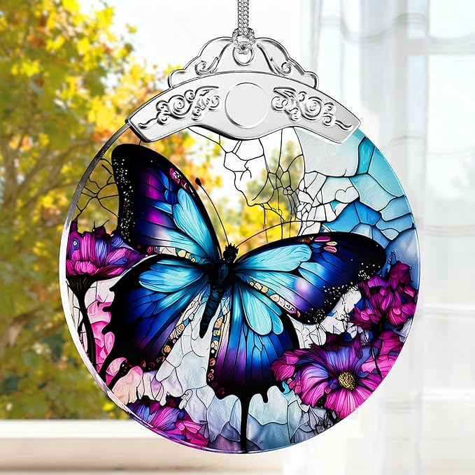 Butterfly Gifts for Women, Stained Glass Ornaments, Purple Butterfly Decorations, Hanging Holiday Presents Idea, Car Hanging Ornaments, Car Charm, Mirror Accessories