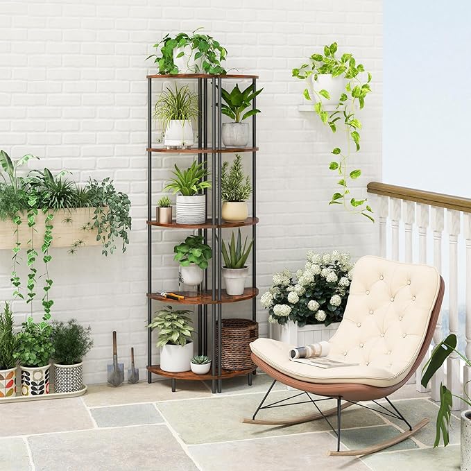 Yoobure Corner Shelf Stand, 5-Tier Bookshelf, 65" Tall Shelves for Bedroom, Living Room, Narrow Display Shelf Bookcase, Rustic Book Shelf with Display Shelves for Office
