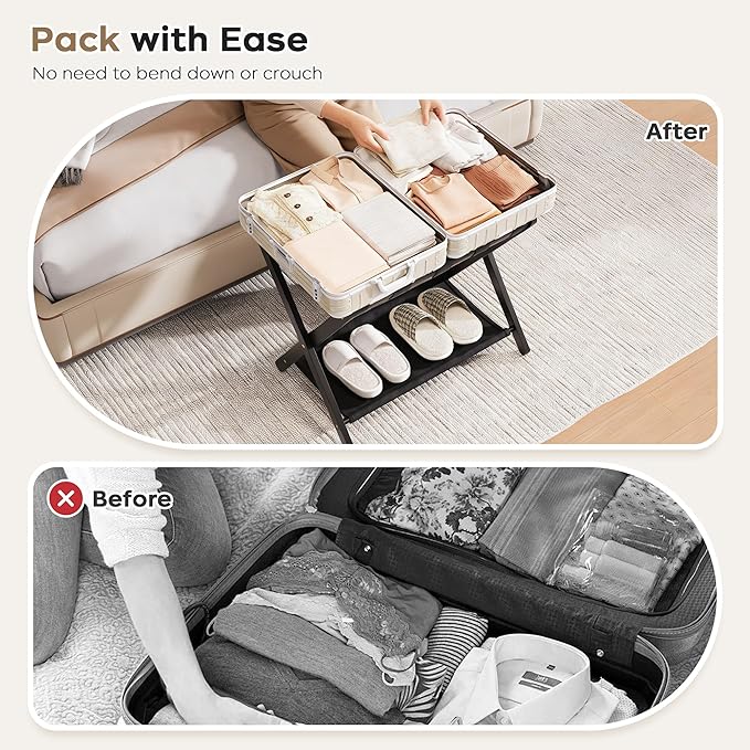 26.77" Full Assembled Luggage Rack for Guest Room, Set of 2 Bamboo Foldable Suitcase Stand, Bedroom & Hotel, Folding Luggage Holder with 5 Nylon Straps, 600D Oxford Fabric Shelf Black