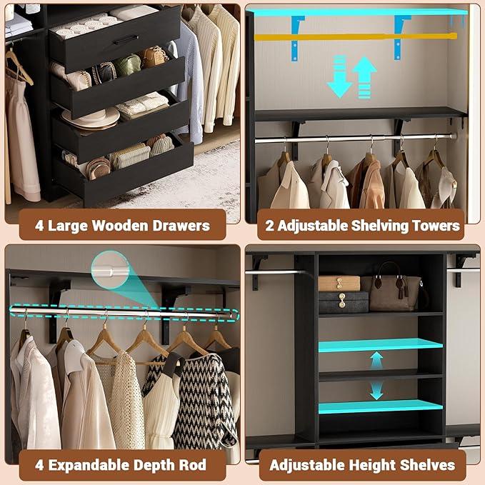 Aheaplus Closet System with 4 Drawers, 8FT Wood Closet Organizer System, 96’’ Walk-in Closet Wardrobe with Tower, 4 Hang Rods, 2 Top Shelves, Built In Closet Insert System, Fits Spaces 4-9 ft, Black