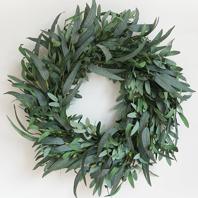 Olive Wreath for Front Door 26 inch, Greenery All Season Wreath with Olive Leaf Fruit, Home Decoration for Outdoor Living Room Indoor Wall and Outside Summer All Season Wedding