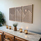 qmmp Modern Wooden Wall Sculptures - Set of 3 - Home Decor Accent - Large Wall Art for Living Room, Bedroom, Office - Easy Installation (Oak, Medium - Mountain and Sun)