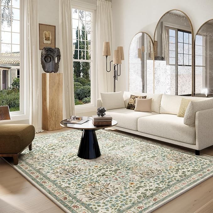 Washable Area Rug 6x9 - Oriental Vintage Dining Room Rug for Living Room, Bedroom, Kids Playroom & Baby Nursery - Low Pile, Non-Slip, Lightweight & Stain Resistant