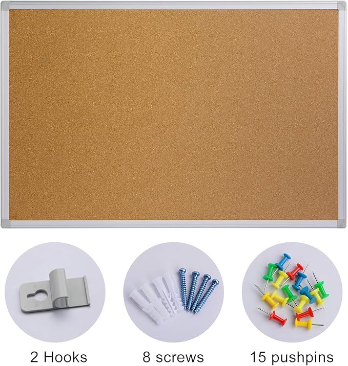 Bulletin Board 36 x 48, Silver Aluminium Framed 4x3 Large Wall Mounted Cork Office Notice Pin Board