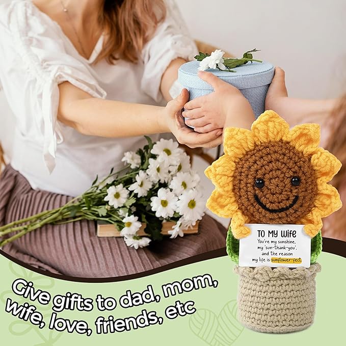 Valentines gift, Handmade Crochet Flowers Sunflower, Emotional Positive Support Crochet, Crochet Toy Doll, Mothers Day, Birthday Gifts for Moms, Home Decor, Gifts for Mom with Gift Box(To My Wife)