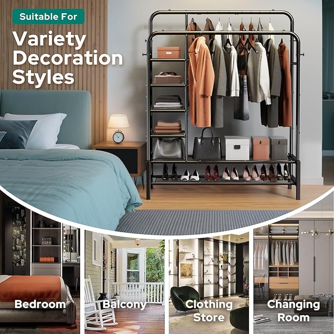 Clothes Rack, Double Rods Clothing Rack with 2 Bottom Shelves & 4 Side Shelves, Metal Garment Rack for Hanging Clothes, Heavy Duty Clothes Rack for Bedroom, Laundry, Living Room, Black