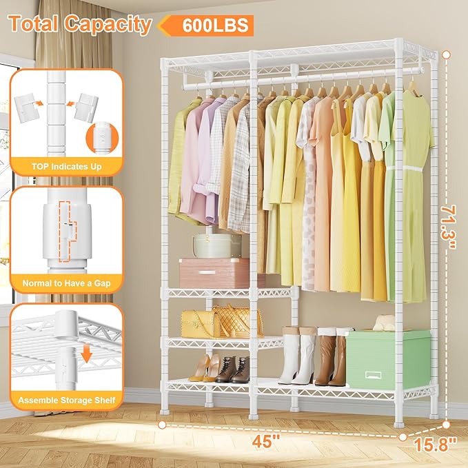 Ulif F4 Heavy Duty Clothes Rack (With Hanger Rod) Freestanding Clothing Racks for Hanging Clothes，Adjustable Closet Organizer System, Portable Garment Rack 45"W x 15.8"D x 71.3"H,Max Load 600LBS,White