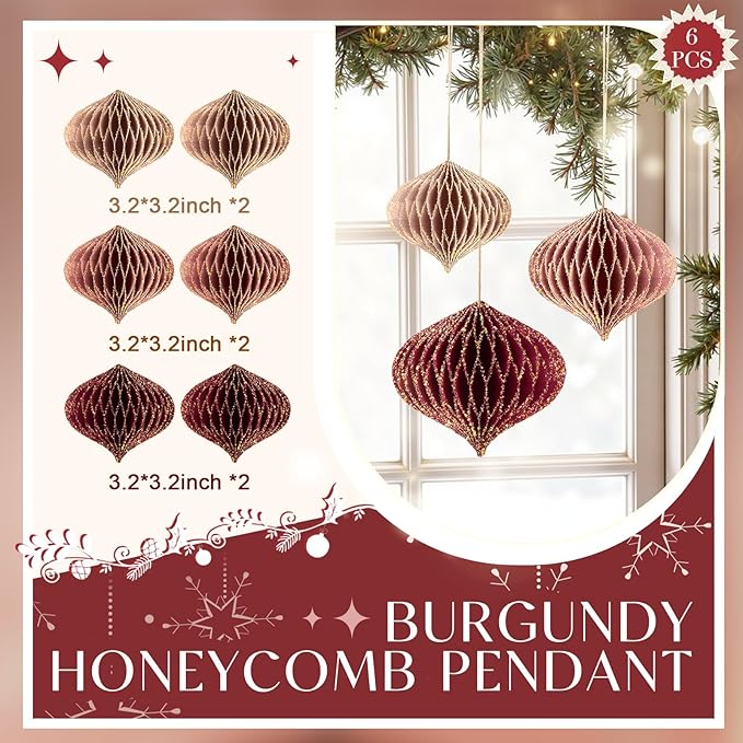NICROLANDEE Wedding Decorations, 6 PCS Burgundy MIni Glitter Gold Edge Honeycomb Lanterns Ornaments for Christmas Tree Decoration, Xmas New Year Party, Birthday, Burgundy Bachelorette Party Decor