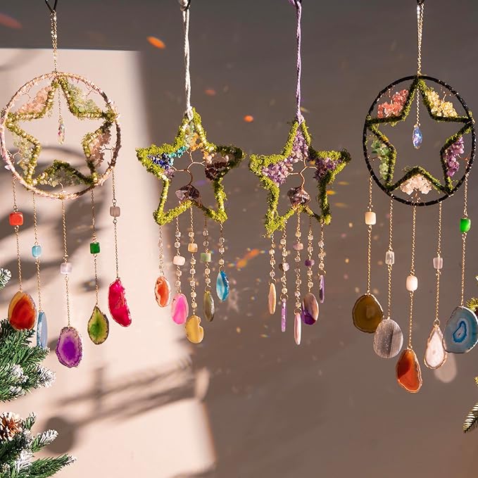Large Dream Catcher Pink Star Dream Catchers with Healing Crystals Stones Crystal Suncatcher Prism Hanging Window Wall Room Decor Handmade Gift for Girls Boys