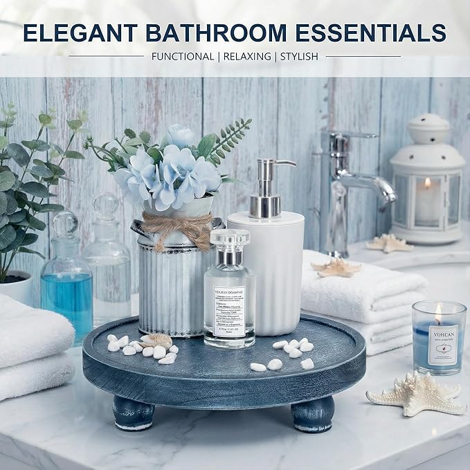 EOSAHR Decorative Display Risers for Living Room Decor - Farmhouse Wood Pedestal Stand for Kitchen Sink Organizer - Perfume Organizer for Bathroom Decor (Blue)