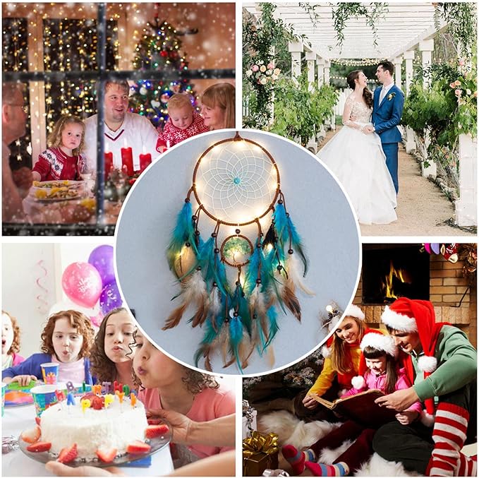 Dream Catcher Blue Tree of Life with Feathers, Mobile LED Fairy Lights Handmade Indians Traditional Circular Net for Wall Hanging Decor, Bedroom Kids, Home Decoration Wedding Party Blessing Gift