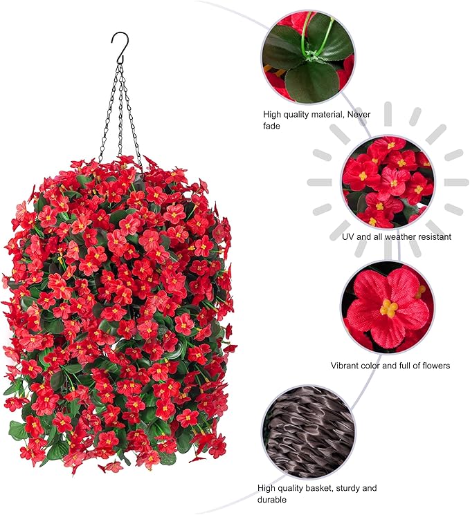 Artificial Hanging Flowers with Baskets for Winter Christmas Decor, Fake Silk Red Hanging Daisy Orchid Flowers Plants, Faux Flower Centerpieces for Home Indoor Outdoor Garden Patio