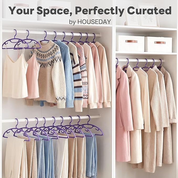 HOUSE DAY Plastic Clothes Hangers 24 Pack, Sweater Hangers No Shoulder Bump, Thick Heavy Duty Coat Hanger for Closet, Purple Wide Hanger with Non-Slip Hook for Sweaters, Suits, Dresses, Jackets, Pants