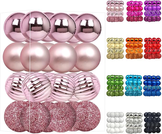Emopeak 24Pcs Christmas Balls Ornaments for Xmas Christmas Tree - 4 Style Shatterproof Christmas Tree Decorations Hanging Ball for Holiday Wedding Party Decoration (Pink, 1.3"/3.2CM)