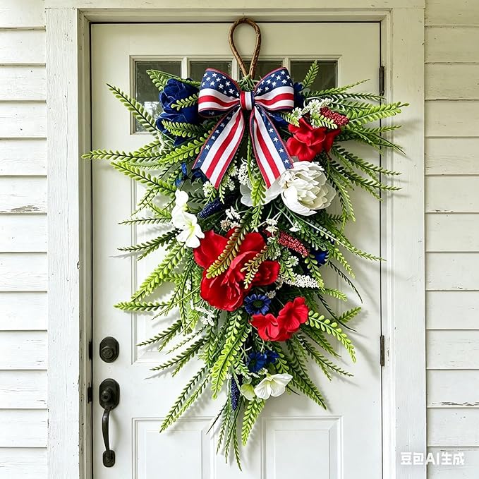 2 Pack 21'' Patriotic Teardrop Swag Wreaths Artificial 4th of July Red White Blue Floral Swag with Fern Leaves Peonies Roses for Independence Day Memorial Day Front Door Porch Cabinet Window Wall