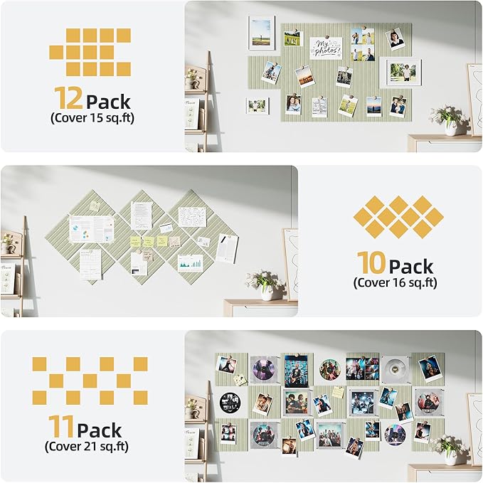 Large Cork Board for Wall 48" x 60" Sage Bulletin Board with Safe Removable Adhesive Squares for Pictures Photos, Alternative CorkBoard Felt Pin Boards Tiles for Office Classroom Wall Decor - 20 Pack