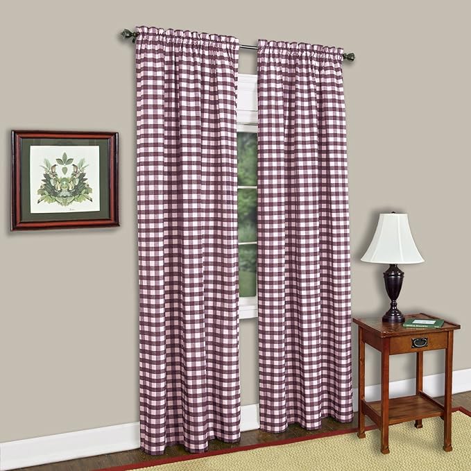 Sweet Home Collection Kitchen Window Curtain Panel Treatment Decorative Buffalo Check Design, 84" Long, Burgundy