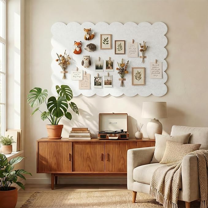 Scalloped White Felt Bulletin Board 36x24 Inches - Self-Adhesive Foldable, with 30 Pushpins, Cork Board Alternative - Decorative Pin Board for Wall, Home, Office & School