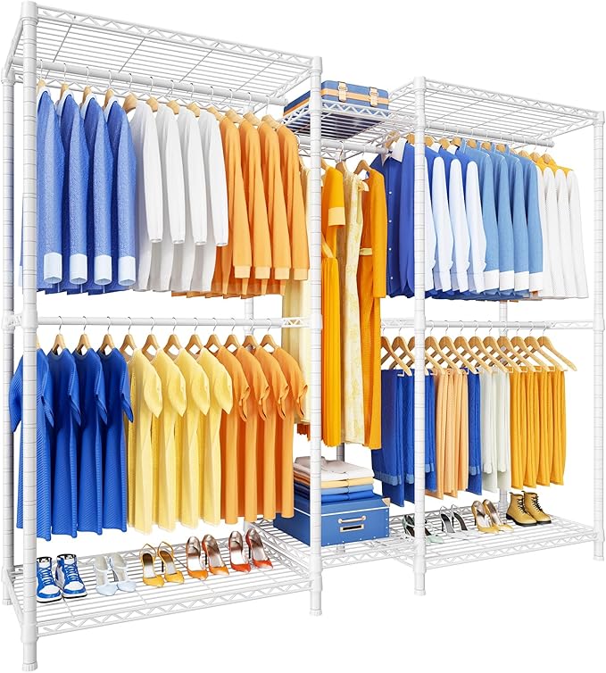Ulif E12 Pro Clothes Rack，Heavy Duty Freestanding Garment Rack with Shelves，Metal Clothing Closet Storage System for Hanging Clothes，71" W x 16" D x 76.5" H, Hold 960 lbs，White