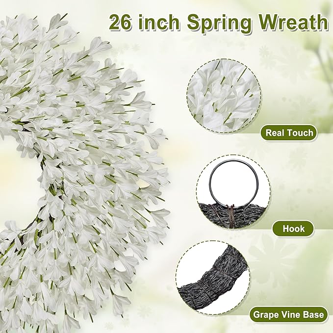 26 Inch Spring Wreaths for Front Door Large Easter Valentines Forsythia Floral Summer Spring Door Wreaths Outdoor All Season Spring Decorations for Home Porch Room Window Wall Farmhouse Decor(White-R)