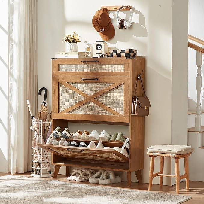 LEYAOYAO Shoe Storage Cabinet for Entryway with 2 Rattan Flip Drawers, Boho Narrow Shoe Cabinets for 16-20 Pairs Shoes with Large Drawers, Hidden Slim Shoe Rack with Wood Legs for Hallway, Tea Brown