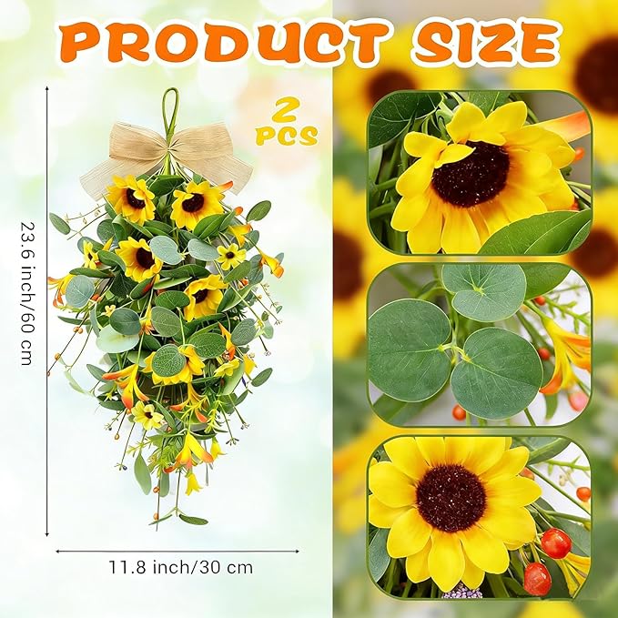 2 Pack 21'' Summer Sunflower Swag Wreaths for Cabinets Artificial Yellow Daisies Flower Teardrop Wreath with Orange Berry and White Sprigs Floral Wreath for Farmhouse Front Door Porch Window Wall
