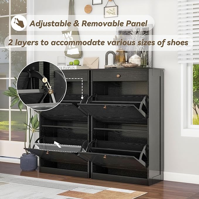 Shoe Storage Cabinet with 2 Flip Doors Set of 2, Wooden Narrow Shoe Cabinet Organizer with Drawer, Freestanding Hidden Shoe Rack with Adjustable Shelf for entryway, Hallway, Living Room, Black