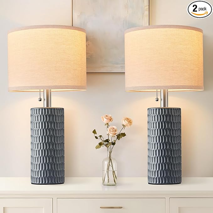 Reaketon 20.5" Modern Ceramic Table Lamps for Bedroom Set of 2, Bedside Lamps for Night Stands with Beige Lampshade, Farmhouse Table Lamp for Living Room Office Dorm, Grey