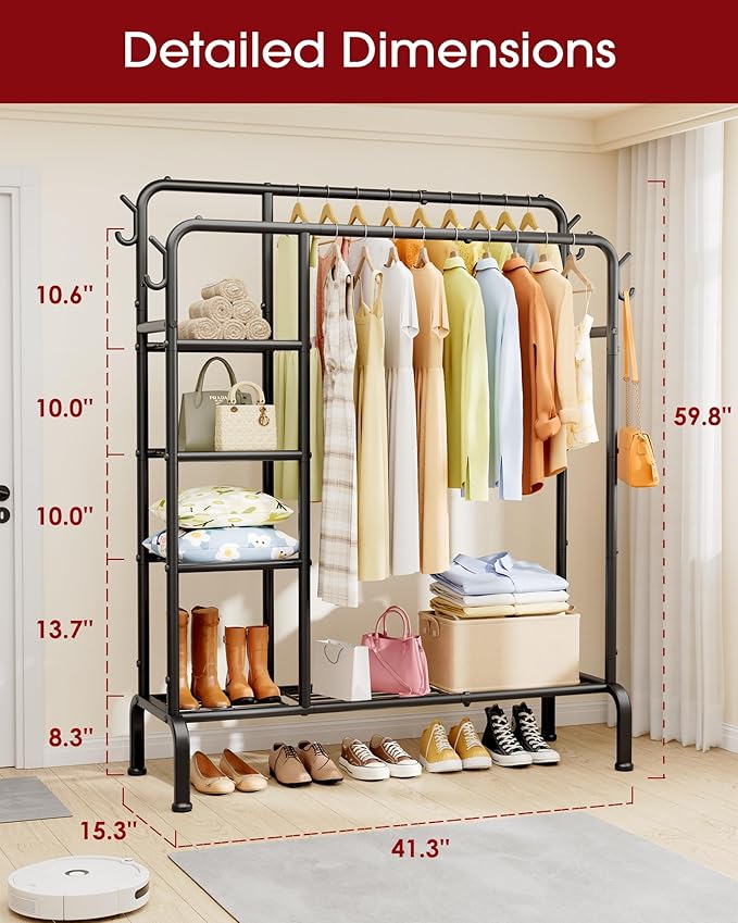 Clothes Rack - Double-Rod Clothing Rack with Built-In Hooks & Shelves, Multi-Functional Wardrobe Closet for Bedroom, Living Room, Entryway, 41.3" x 15.3" x 59.8", Black