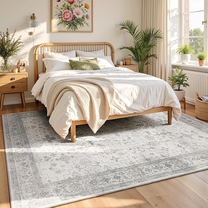 Lessymo 8x10 Area Rugs for Bedroom, Large Washable Rug for Living Room Dining Home Office, Soft Non-Slip Vintage Floral Neutral Carpet, Boho Neutral Farmhouse Decor, Taupe Grey