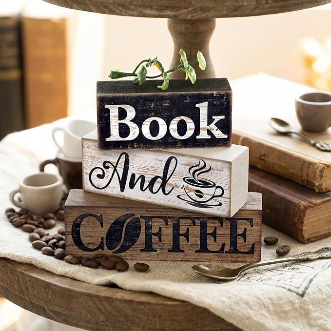 Moucuny 4 Pcs Farmhouse Table Decor Rustic Wooden "book and Coffee" Stacked Block Sign - Vintage Farmhouse Tiered Tray Decor with Coffee Cup & Bean Design, Perfect for Home Office Bookshelf Display