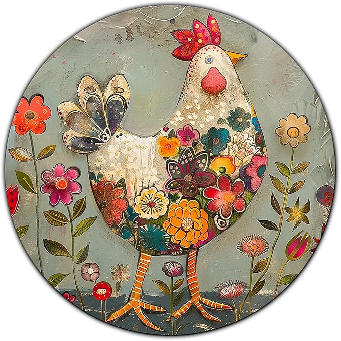 Chicken And Flower Metal Sign Vintage Tin Sign Round Sign Aluminum Sign for Farmhouse Kitchen Outdoor Outside Home Backyard Wall Decor 8 Inch