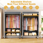 P6C Rolling Clothes Rack with Cover, Covered Clothing Racks Heavy Duty, Portable Closet for Hanging Clothes, Garment Racks on Wheels, Black Closet Rack with Gray Cover, Max Load 365LBS