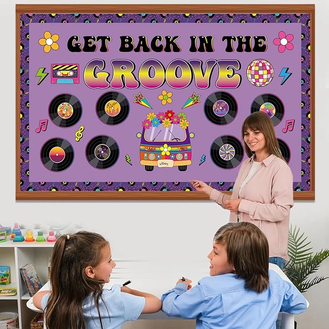 Pajean Groovy Music Bulletin Board Set Retro Record Classroom Decorations 80s 90s Disco Record Flower School Bus Cutouts with Purple Borders for Door Wall Chalkboard Decor Office Supplies