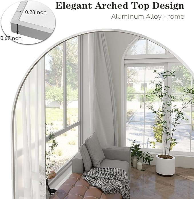 Prywot Arched Floor Mirror, 57 "x 20" Full Length Mirror Wall Mirrors Hanging or Leaning Arched-Top Full Body Mirrors with Stand for Bedroom, Dressing Room, White