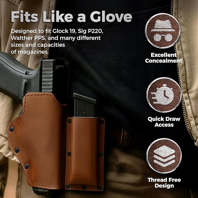 Buffalo Leather Magazine Holder - IWB/OWB Convertible - Right/Left Handed for Men and Women - Premium Mag Belt Pouch - Compatible with Glock & Sig