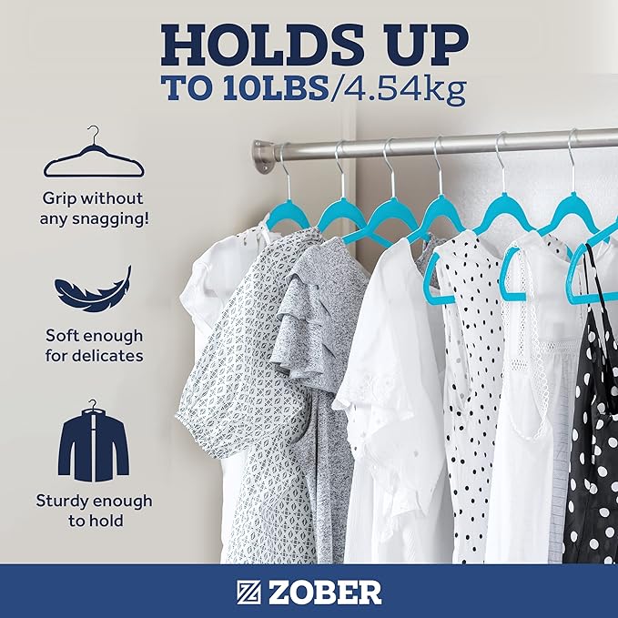 ZOBER Turquoise Velvet Hangers 50 Pack - Clothes Hangers, Coat Hanger for Pants & Dress Clothes - Non Slip w/ 360 Degree Swivel, Holds up to 10 lbs - Strong Felt Hanger for Clothing
